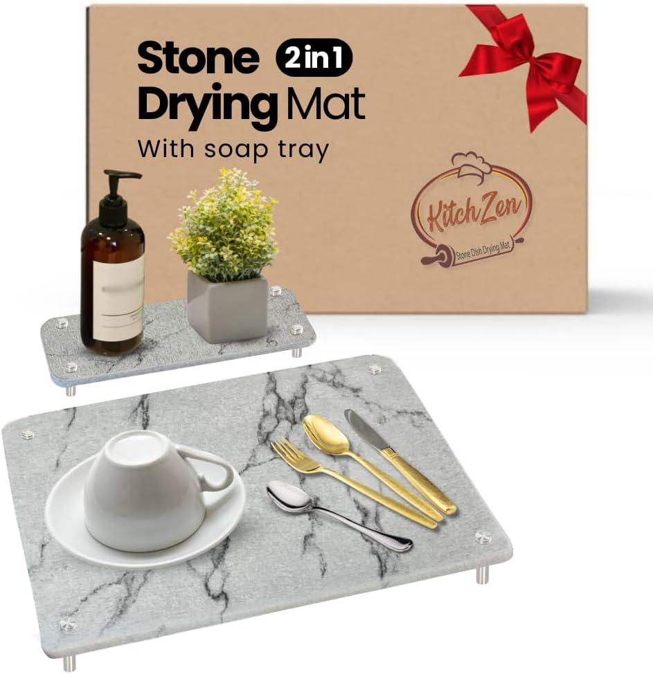 Stone Drying Mat for Kitchen Counter - 15.7"x11.8" with 11'' x 4.3 '' Soap try - Diatomaceous Dish Drying Mat with Non-Slip Stainless Steel Feet - Ideal for Dishes, Bottles etc. (Light Grey)