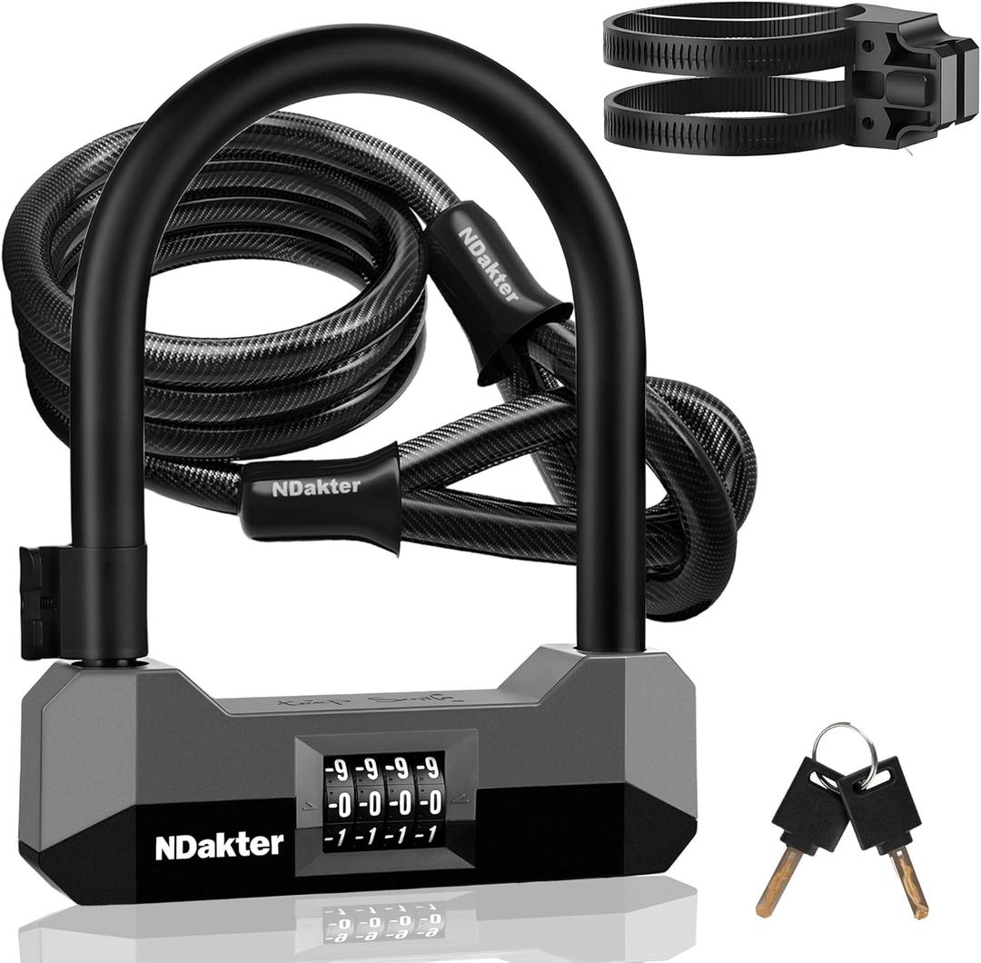 NDakter Bike Locks Heavy Duty Anti Theft, 18mm Bicycle Combo U Lock, 4-Digit Resettable Combination Lock with 5FT Steel Cable and Bracket, for Electric Scooter, Ebike, Motorcycle (Gray)