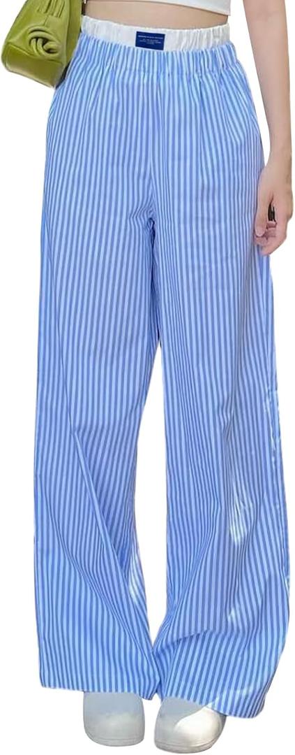 LYSINK Women Y2k Striped Pants Pajama Pants High Waist Drawstring Straight Wide Leg Lounge Pj Pants Pajama Bottoms Sleepwear (Blue, L)