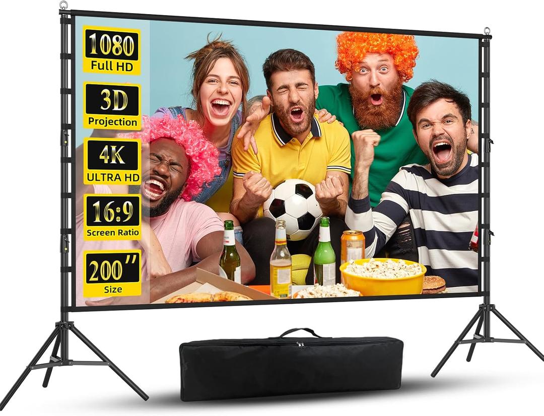 Wootfairy Projector Screen with Stand, 200 inch Portable and Foldable Projection Screen 4K HD 16:9 Rear Front Wrinkle-Free Movie Screen with Carry Bag for Indoor Outdoor Home Theater Backyard Cinema
