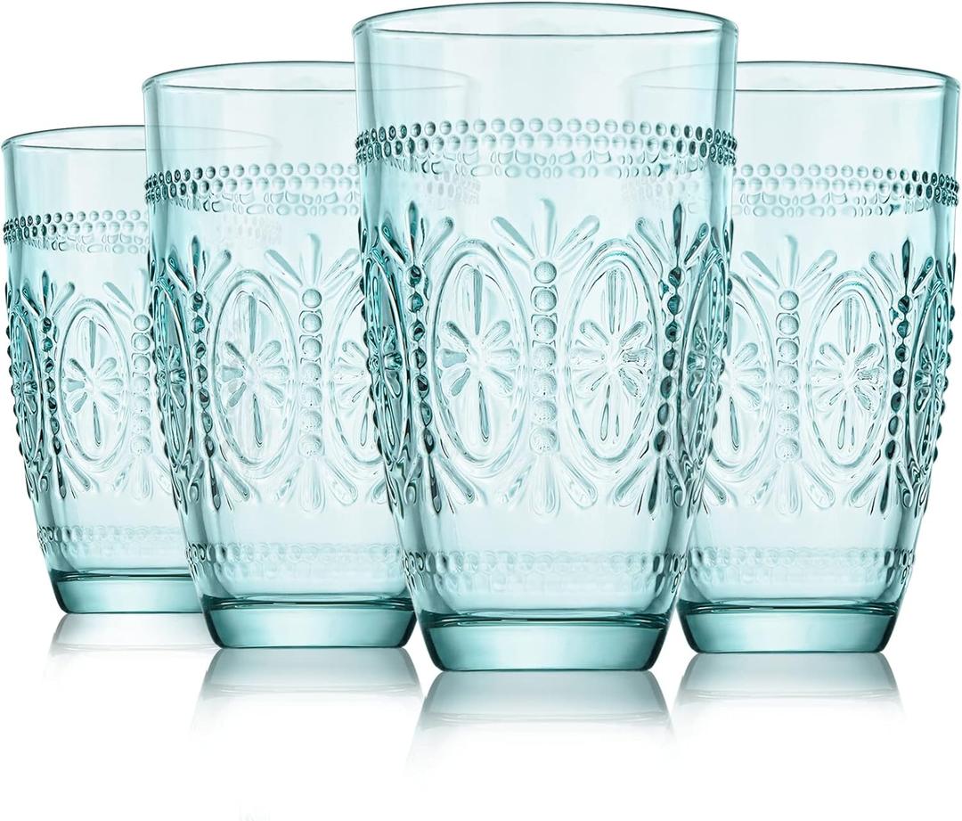 Colored Vintage Drinking Glasses Set of 4, 15.5 oz Romantic Embossed Water Glasses, Colored Tumblers Tempered Glass for Juice, Beverages, Beer, Cocktail