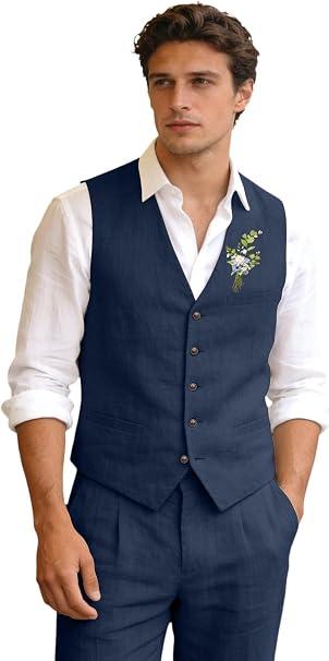 Men's Linen Suits 2 Piece Slim Fit Suit Prom Beach Wedding Groomsman Vest Pants Set Casual Summer Linen Outfit (Blue, 3XL)