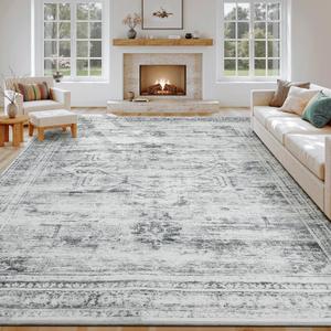 8x10 Washable Area Rugs for Living Room, Large Soft Faux Wool Cozy Floor Carpets for Bedroom Dining Room, Neutral Vintage Distressed Non Slip Grey White Rug for Home Office Decor