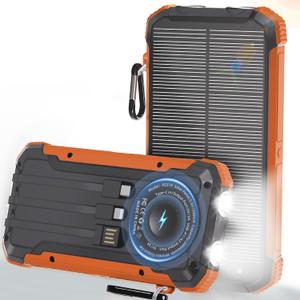 Power Bank Portable Solar Charger, Wireless Fast Charging Battery Pack, 20000mAh Capacity USB-C Input, 6 Outputs, Dual LED Flashlight, USB Battery Pack for Cell Phone Camping Travel Emergency (Orange)