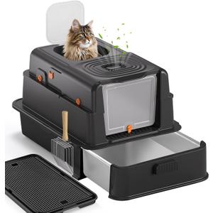Stainless Steel Litter Box with Lid: XL Extra Large Cat Litter Box for Big Cats, Enclosed Kitty Litter Boxes with Drawer, High Sided Metal Cat Box with Scoop, Front & Top Entry, Odor Free, Non-Stick (25'' x 17'' x 16'')