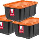 IRIS USA 27 Gallon Heavy Duty Truck Bed Toolbox Storage Tote Bins with Lids, 3 Pack - Made in USA, Tough Snap On Lockable Lid Stackable Industrial Tubs, Garage Organization Reusable Box - Orange
