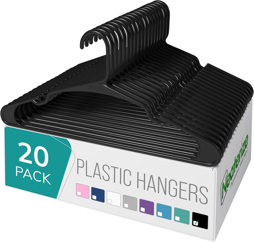 NEATERIZE Clothes Hangers Plastic 20 Pack for Adults - Plastic Hangers, The Perfect Coat Hanger and Space Saving Clothes Hangers for Closet, Percheros Ganchos para Colgar Ropa Hangars - Black Hangers