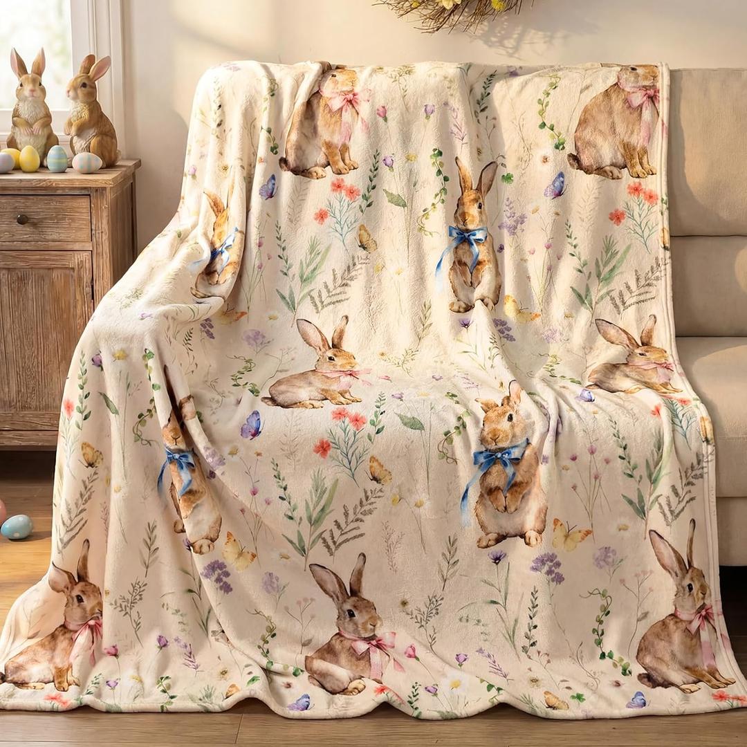 Easter Bunny Throw Blanket: Ultra Soft Flannel Plush Sketchy Spring Floral Bunny Bed Blanket, Lightweight Cozy Easter Blanket for Couch Sofa Bed Living Room Home Decor Gifts, 50"x60"
