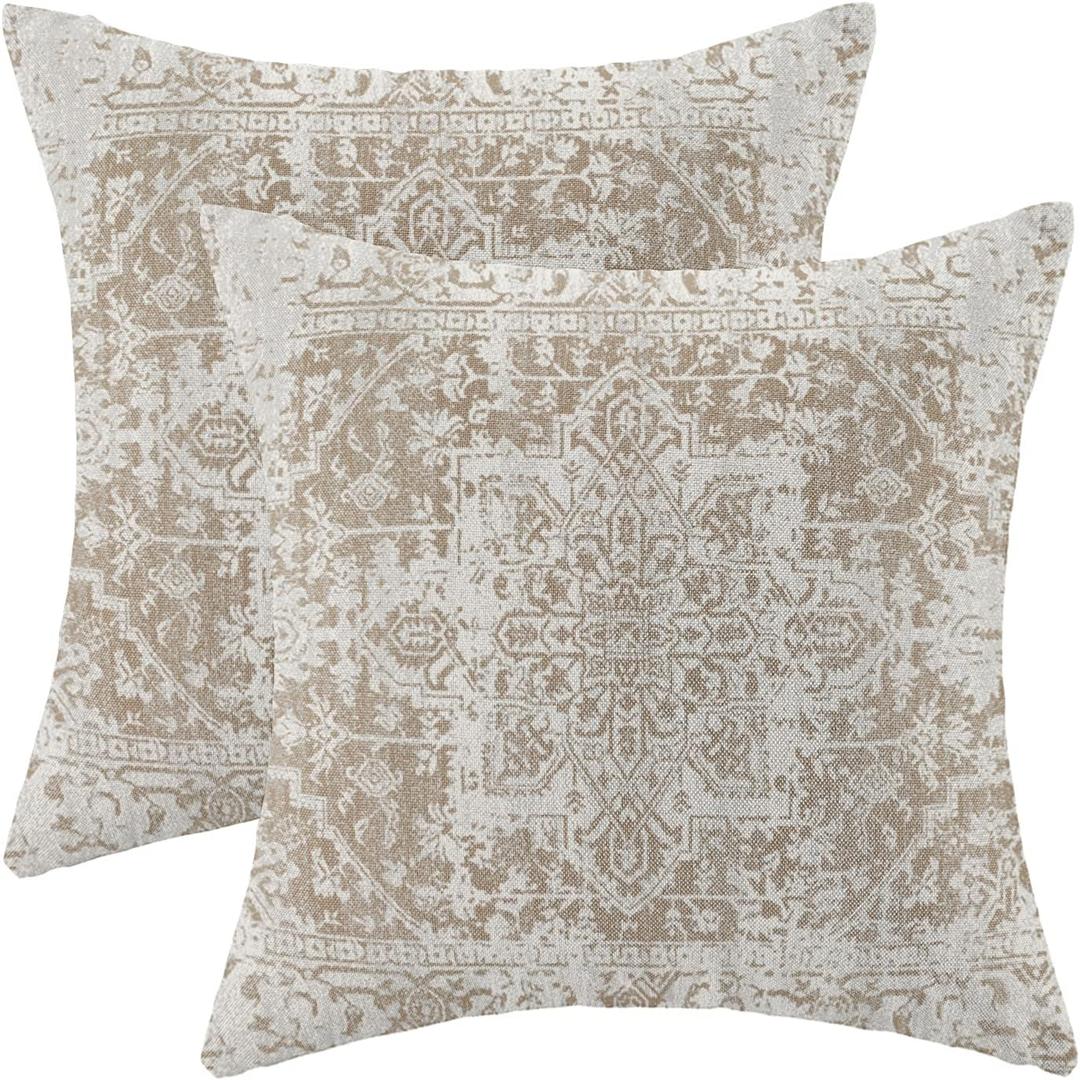 Boho Pillow Covers 22x22 Set of 2, Brown Carpet Pattern Decorative Outdoor Throw Pillows Linen Ethnic Design Farmhouse Cushion Pillow Covers for Sofa Couch Outdoor Decor