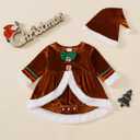 Newborn Baby Girl Christmas Outfit Santa Dress Ruffle Long Sleeve Velvet Romper Dresses Xmas Clothes With Hat (Brown)