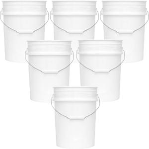 5-Gallon Bucket Only  Heavy-Duty Extra Durable Pail  Made in USA  Premium Quality HDPE  Food Grade  BPA Free  Metal Handle with Plastic Grip  Stackable  Multi-Use  White, 6 Pack