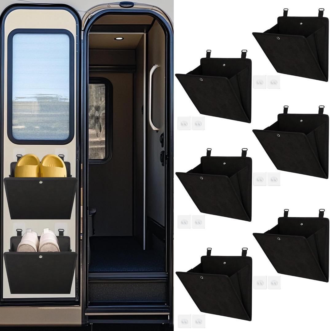 Rv Camper Shoe Storage 6 Pack, Foldable Wall Mounted Shoe Rack Organizer, Self-Adhesive Rv Shoe Holder, Space Saving for Camper Essential Home Travel Storage, with Deep Pocket Fit 1 Pair Shoes, Black
