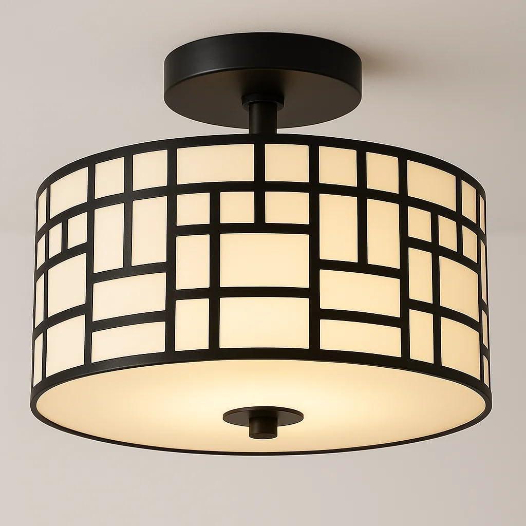 Semi Flush Mount Ceiling Light Black Rectangle Pattern LED Light Fixture with Drum Shade Indoor Use Living Dining Room Kitchen Modern Chandelier Lamps Brushed Chrome Finish E26 Bulb Base (Rectangular)