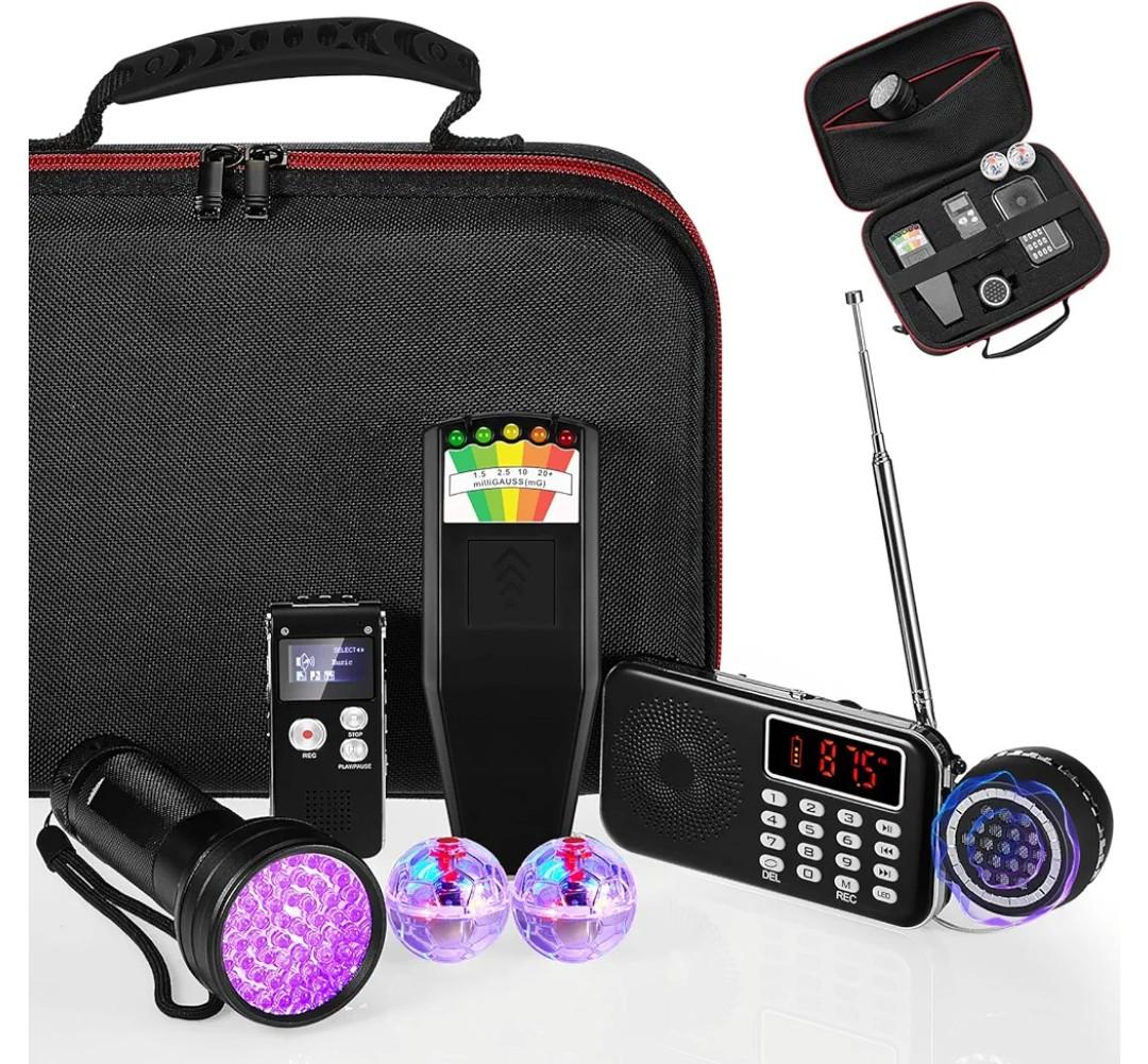 Dunzy 8 Pcs Ghost Hunting Equipment Kit, Include 1 Emf Meter 1 Spirit Ghost Hunting Research Case 1 Voice Recorders 1 Flashlight 1 Speaker 2 Motion Light up Cat Balls and 1 Fm Radio(Emf Meter 1)
