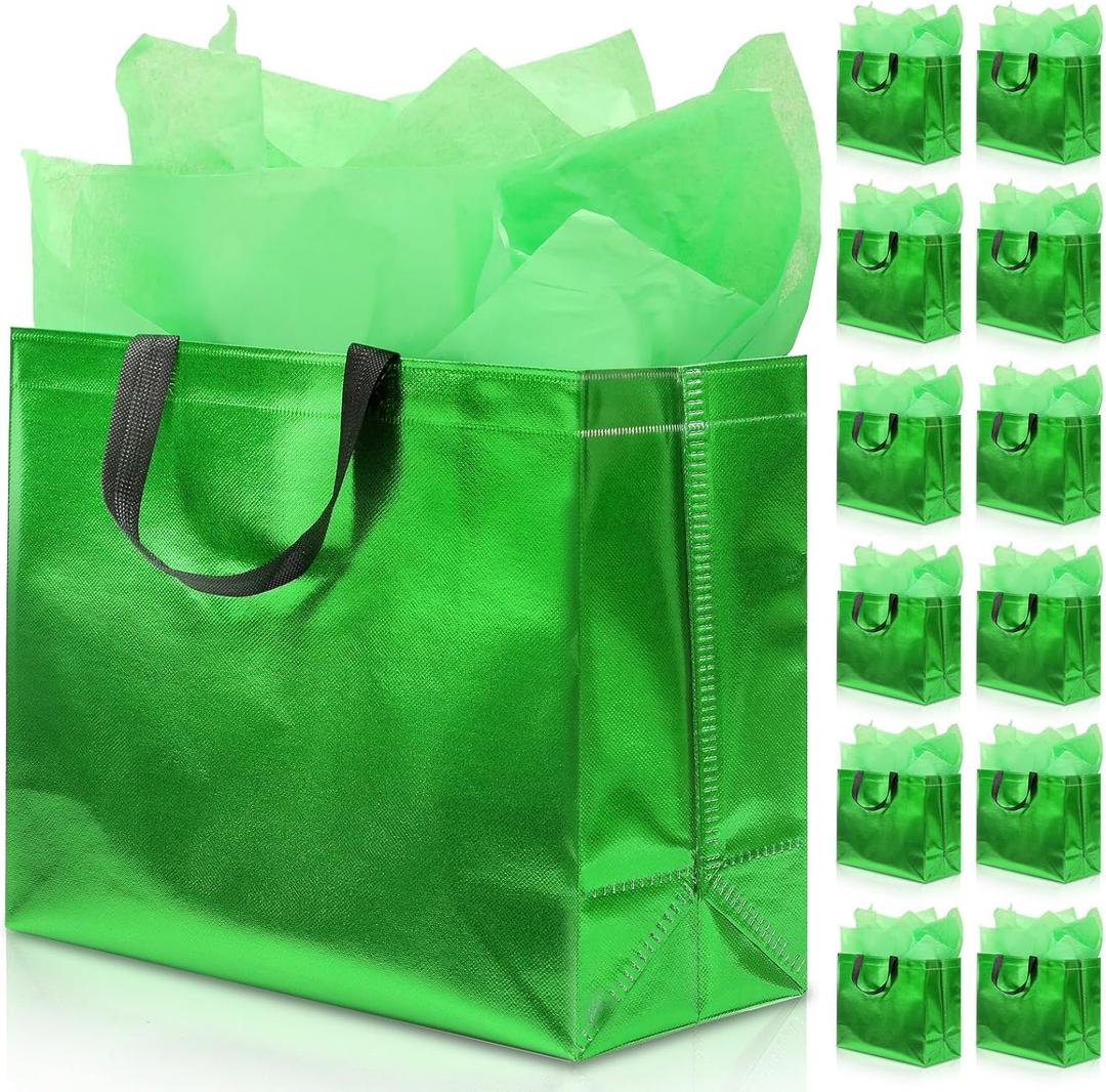 KeerxunBag 12Pcs Reusable Gift BagsIncludes Tissue Paper Gift bag with handle Birthdays Parties Holidays Weddings Medium 13x5x11in Green Gift Bags