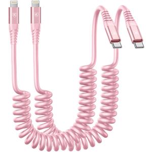 KIYODA USB C to Lightning Cable 3FTfor Car, Coiled iPhone Charger Fast Charging Short USBC Lightning iPhone Cord for iPhone14/13/12/11 Pro Max/iPad/CarPlay- 2Pack Pink