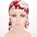 beauty YFJH Women Stretch Cotton Print Sleep Turban Hat Headwear Scarf Chemo Beanie Cap for Cancer Hair Loss (One Size, Red Flower)