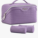 BOYATU Travel Makeup Bag Cosmetic Bags for Women: Large Capacity 3 Pcs Set Make up Bag with Compartments - Waterproof Vegan Leather Toiletry Organizer Bags with Handle (L01 Purple)