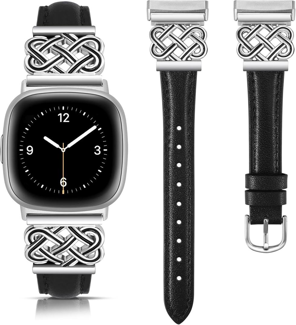 TOYOUTHS Celtic Knot Leather Band Compatible with Fitbit Versa 4/Versa 3/Fitbit Sense 2/Sense Band Women, Slim Dressy Thin Fashion Designer Premium Leather Strap for Versa 3 4 Sense 2 Smartwatch (5.2 - 7.6 Inches, Black/Silver Buckle)