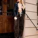 GRAPENT Barrel Jeans for Women Trendy High Waisted Pull On Wide Leg Cropped Leopard Cheetah Print Stretchy Denim Pants (Medium)