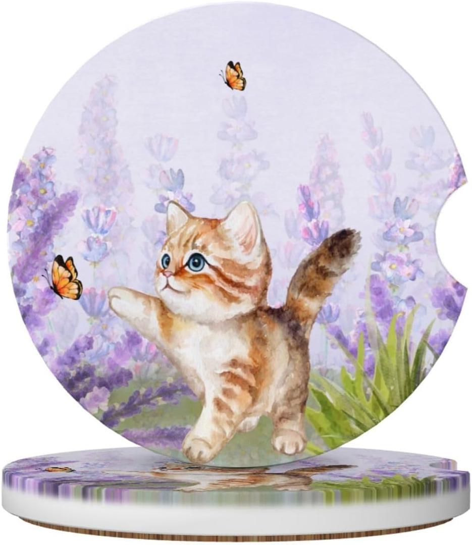 2 x Lavender Butterfly Cute Cat Car Coasters for Cup Holders,2 Pack Car Cup Holder Coasters for Car,Ceramic Absorbent Car Coaster with A Finger Notch and Cork Base,Car Interior Accessories for Women Men