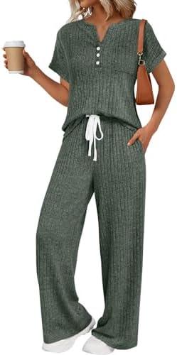LILLUSORY Women's 2 Piece Matching Lounge Sets Summer Henley Neck Wide Leg Pants Casual Sweat Suit Medium