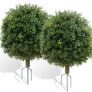 Griine 2 Pack Artificial Boxwood Topiary Ball Trees for Outdoors, 27" Faux Boxwood Topiary Bush with Metal Ground Spike UV Resistant Realistic Evergreen for Front Porch, Garden, Yard & Balcony Decor