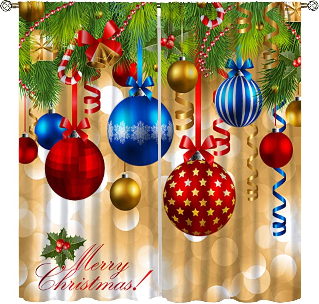 Merry Xmas Curtains, Merry Christmas Ball Window Treatments for Living Room Bedroom Kitchen Holiday Party Decor, Gold Silver Glitter New Year Drapes 2 Panel Sets,42x45 Inch