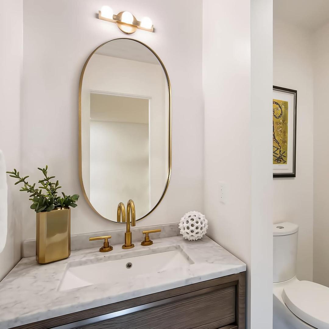 Andy Star Brass Oval Mirror, 24x40 Inch Bathroom Mirror Gold, Brass Vanity Mirror, Pill Shaped Mirrors Gold Metal Frame Stainless Steel 1 Deep Hang Vertically & Horizontally