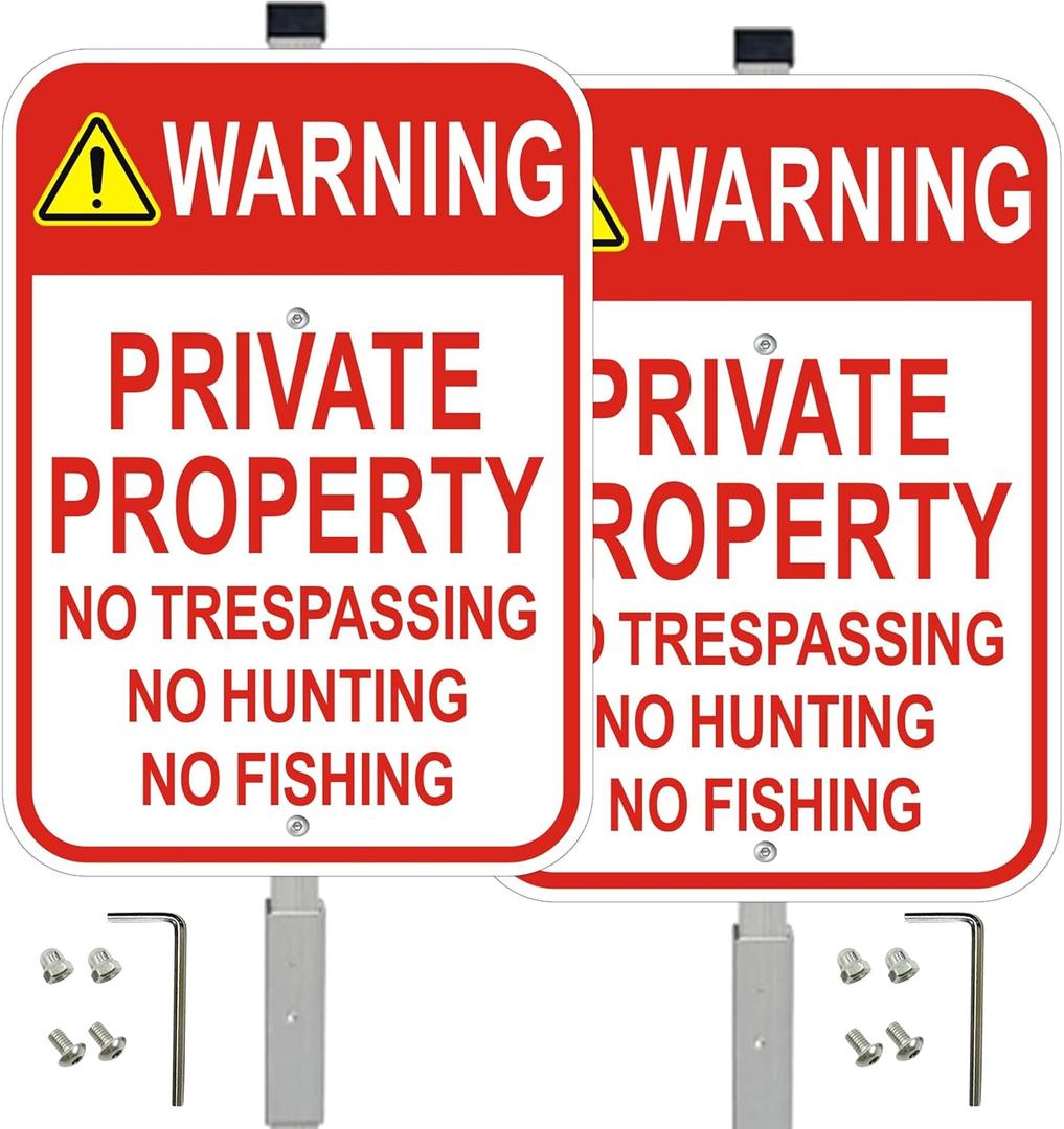 2 Pack Private Property No Trespassing Signs with 36" Metal Stakes, 10x14 Inches, Reflective Aluminum, No Hunting No Fishing Signs