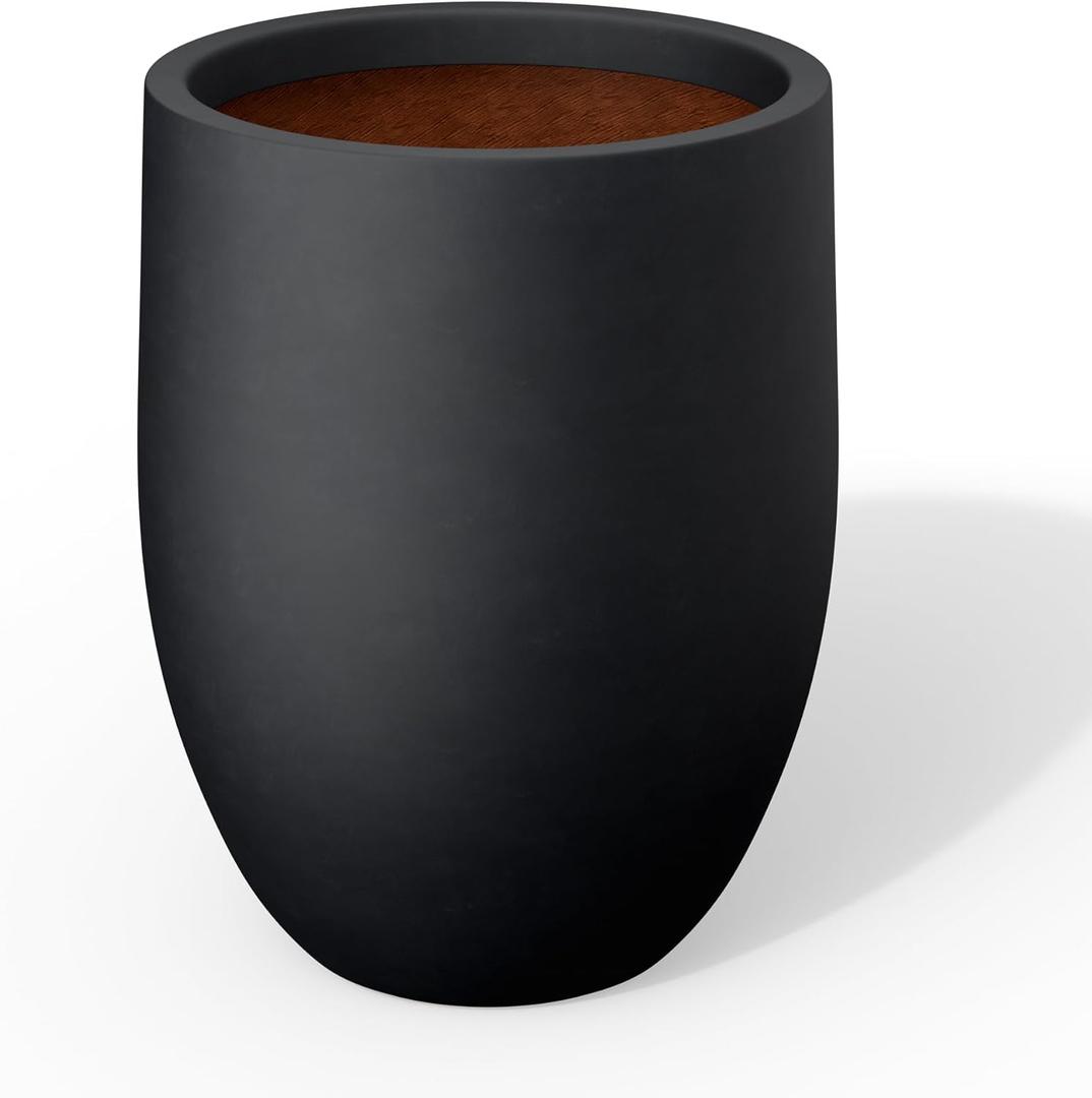 Kante Accent Round Curved Black Concrete Planter 12.6" Dia, Outdoor | Rubber Plug for Indoor, Drainage for Garden, All-Weather Cement Flower Pot, Handcrafted, Anti-Frost & UV, Modern Home Decor