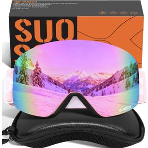 suoso OTG Ski Goggles for Men and Women, Frameless Magnetic Snowboard Goggles Anti Fog UV400 Protection Snow Glasses (C04-pink)