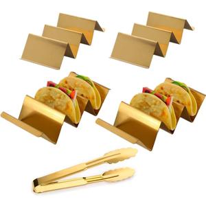 4 Pcs Gold Taco Holders Set with 1 Food Tong, Stainless Steel Taco Stand with Handles for Party, Holds Up to 3 Tacos Each, Dishwasher Oven safe
