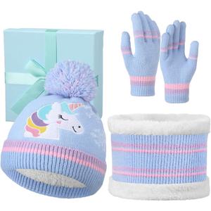 Cutecrop 3 Set Unicorn Kids Toddlers Winter Knit Hat Scarf Gloves Set for Boys Girls Age 4-7 Pompom Hat Mittens Scarves