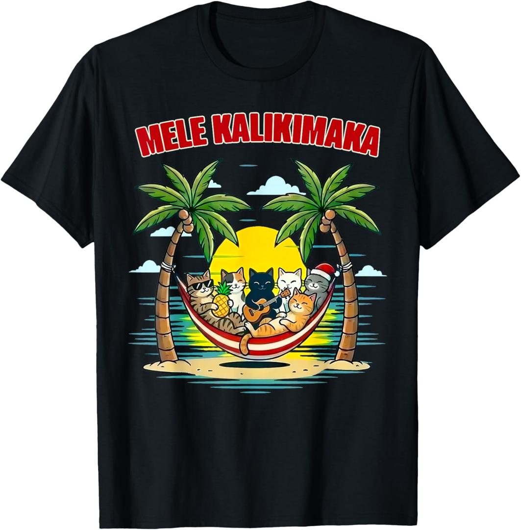 Funny Hawaiian Mele Kalikimaka Cats Celebrating Christmas T-Shirt