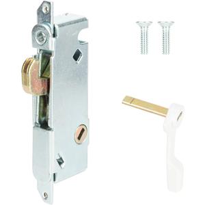 Mortise Lock with White Latch Lever, Adjustable Spring-Loaded Hook Latch Projection for Sliding Patio Doors, 45 Degree Angle Keyway, Fits 3-11/16 Hole Spacing, Round-End Faceplate