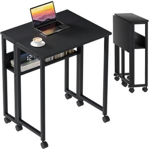 GreenForest Folding Desk Small Rolling Desk with Storage Shelf,24.8 inch Foldable Computer Desk with Wheels for Small Space,Easy Assembly,Black