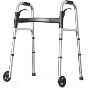 Folding Walkers for Seniors, 5" Wheels Lightweight Rolling Walker, Support Up to 350 lbs, Height Adjustable Standard Walker, Aluminum Compact Walker, Silver