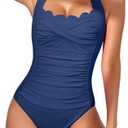 Eomenie Women One Piece Tummy Control Swimsuit Halter Scallop Trim Bathing Suits 1 Piece Vintage Ruched Slimming Swimwear Blue L