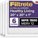 Filtrete 20x20x1 AC Furnace Air Filter, MERV 12, MPR 1500, CERTIFIED asthma & allergy friendly, 3 Month Pleated 1-Inch Electrostatic Air Cleaning Filter, 6-Pack (Actual Size 19.69x19.69x0.78 in)