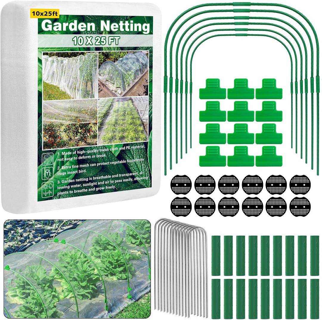 Unves 67 Pcs Garden Netting Kit, 10x25 Ft Ultra Mosquito Bird Netting with 6 Hoops & 12 Clips, Fruit Tree Netting for Patio Raised Beds Vegetable Flowers Protection Barrier Plant Covers Net