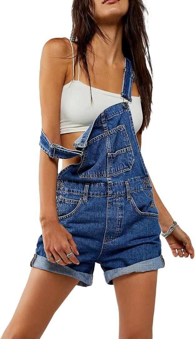 Womens Summer Denim Bib Overalls Cute Short Jean Overalls Romper with Pockets Casual Rolled Cuff Shortalls (X-Large, 01 Blue)