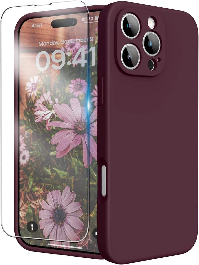 for iPhone 16 Pro Case, Liquid Silicone Case with Camera Protection Soft Gel Rubber Cover with Microfiber Lining Shockproof Protective Phone Case for iPhone 16 Pro 6.3", Plum