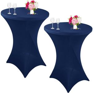 Pack of 2 Cocktail Spandex Tablecloth 32"x43" Cocktail Table Cover Fitted High Top Round Table for Bar Wedding Birthday Party Banquet (Navy Blue)
