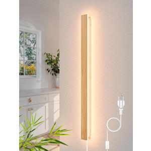 Modern Plug in Long Wall Sconce 39.3 LED Bamboo Wall Lights 31W Long Strip Indoor Wall Lamp 3000K with 6.5FT Plug in Cord and On/Off Switch on The Cord for Living Room Hallway Stairwell (Wood)