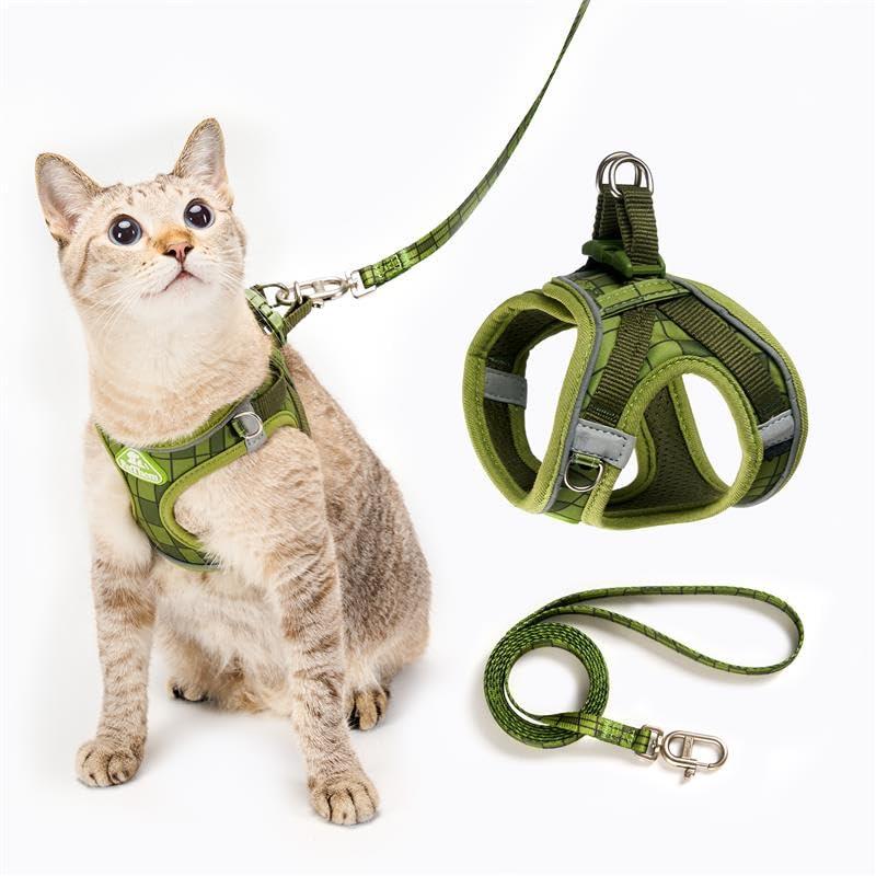Cat Harness and Leash Set, Step-in Escape Proof Adjustable Vest Harness for Small Medium Large Cats, Lightweight Soft Breathable Reflective Kitten Harness for Walking Travel, Camping(Green, S)