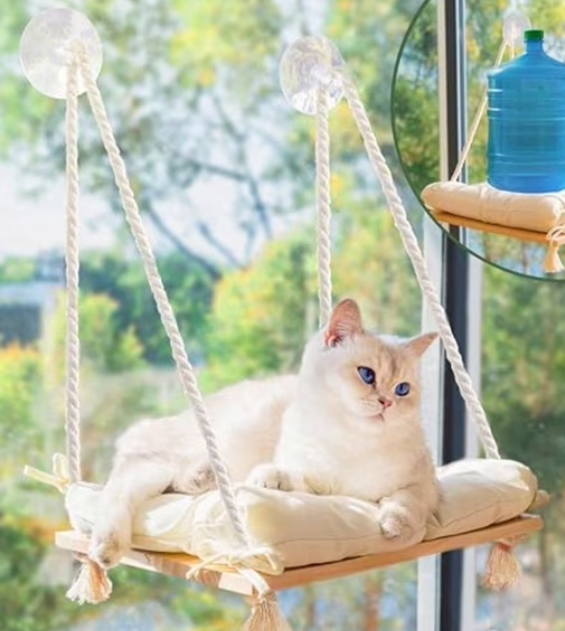 Cat Window Perch with IndustrialGrade Suction Cups  Solid Pine Wood Hammock Bed, Soft Cushion  42 lb Capacity for Cats Inside
