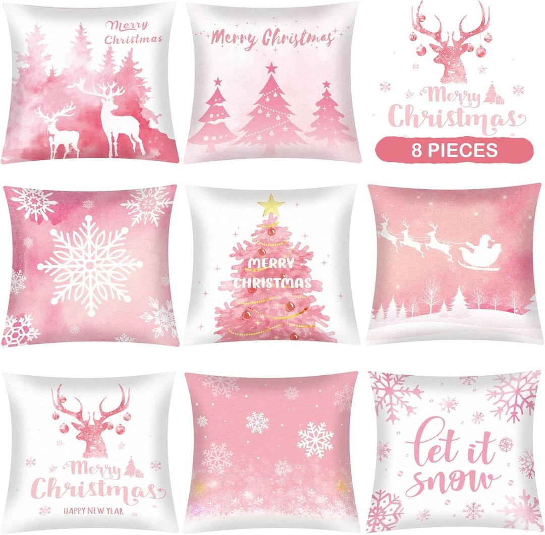 Tatuo 8 Pieces Pink Christmas Throw Pillow Covers 18 x 18 Inch Snowflake Reindeer Pillow Cases Christmas Tree Snowflake Covers Cushion Pillowcase for Sofa Bed