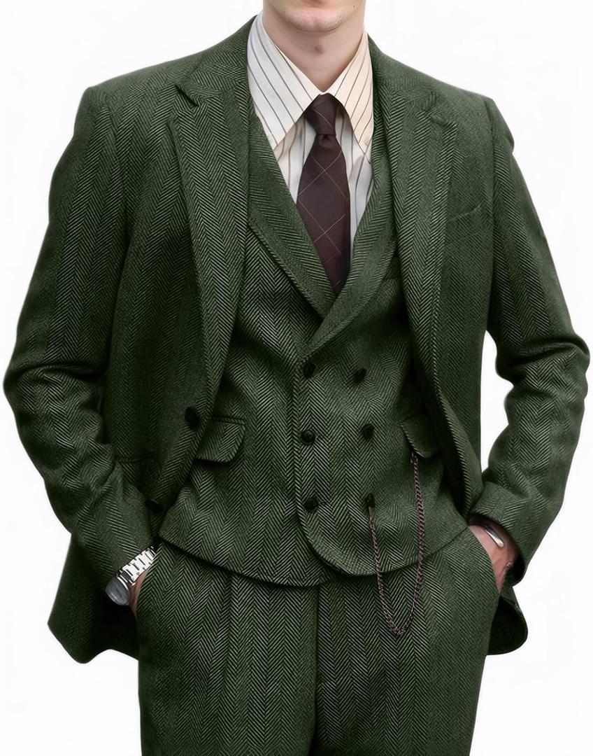 Retro 3 Pieces Men Suit Tweed Herringbone Suits for Men Formal Wool Jacket Dress Suit Vest Pants Wedding Prom Tuxedo (Green) XXL