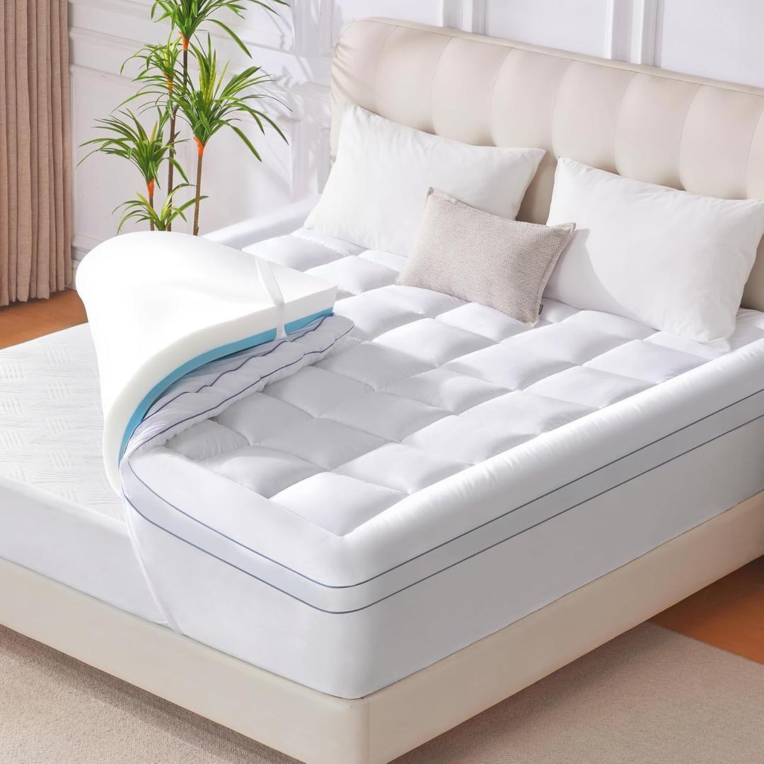 King Memory Foam Mattress Topper, 4 Inch Dual Layer Mattress Pad with Pillow Top Mattress Topper King Size Bed Cover, Support for Back Pain (White)